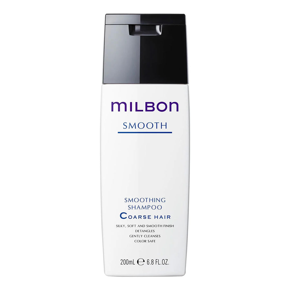 Milbon Smooth Smoothing Shampoo bottle for coarse hair promotes silky texture and easy detangling.