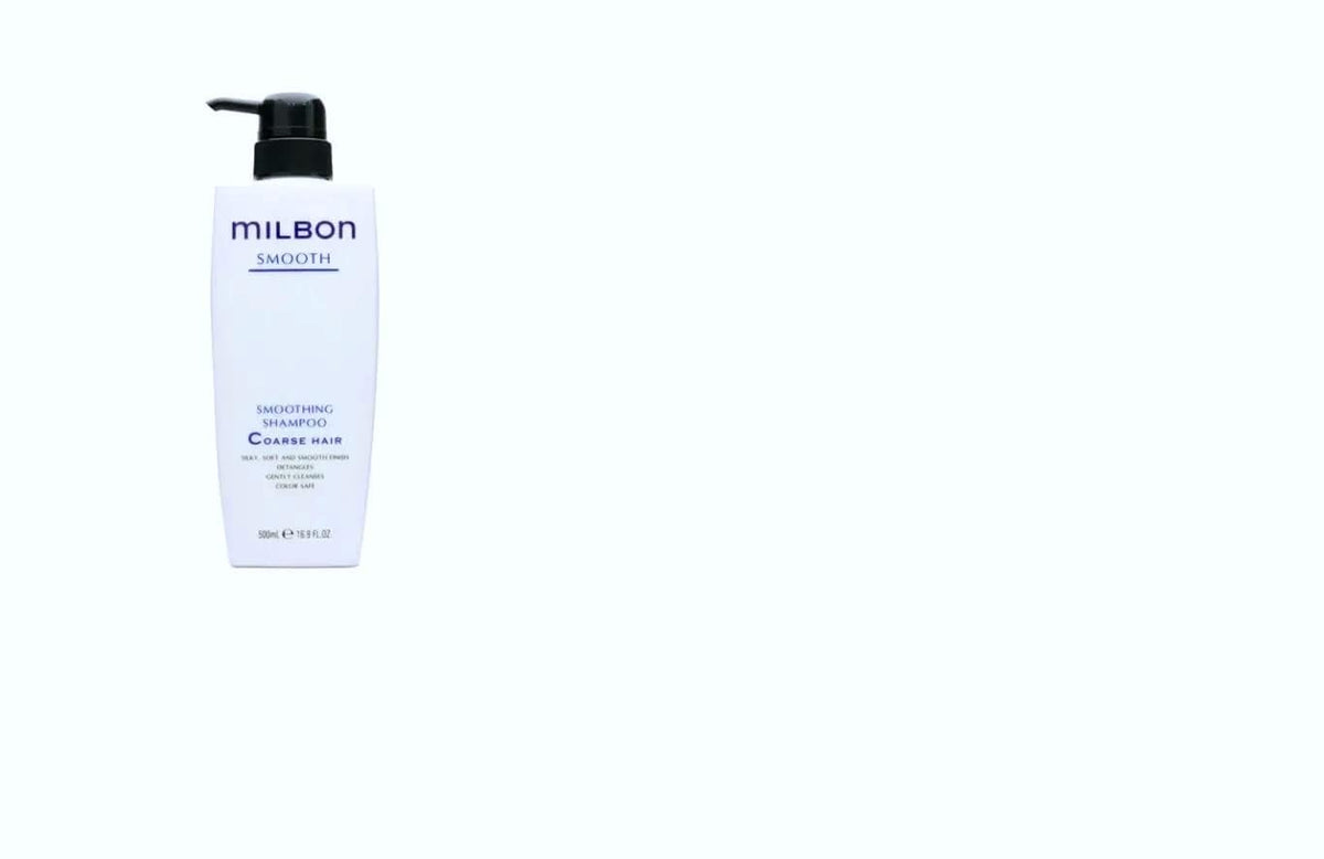 Milbon Smooth Shampoo bottle for coarse hair, gentle cleanse and detangling benefits.