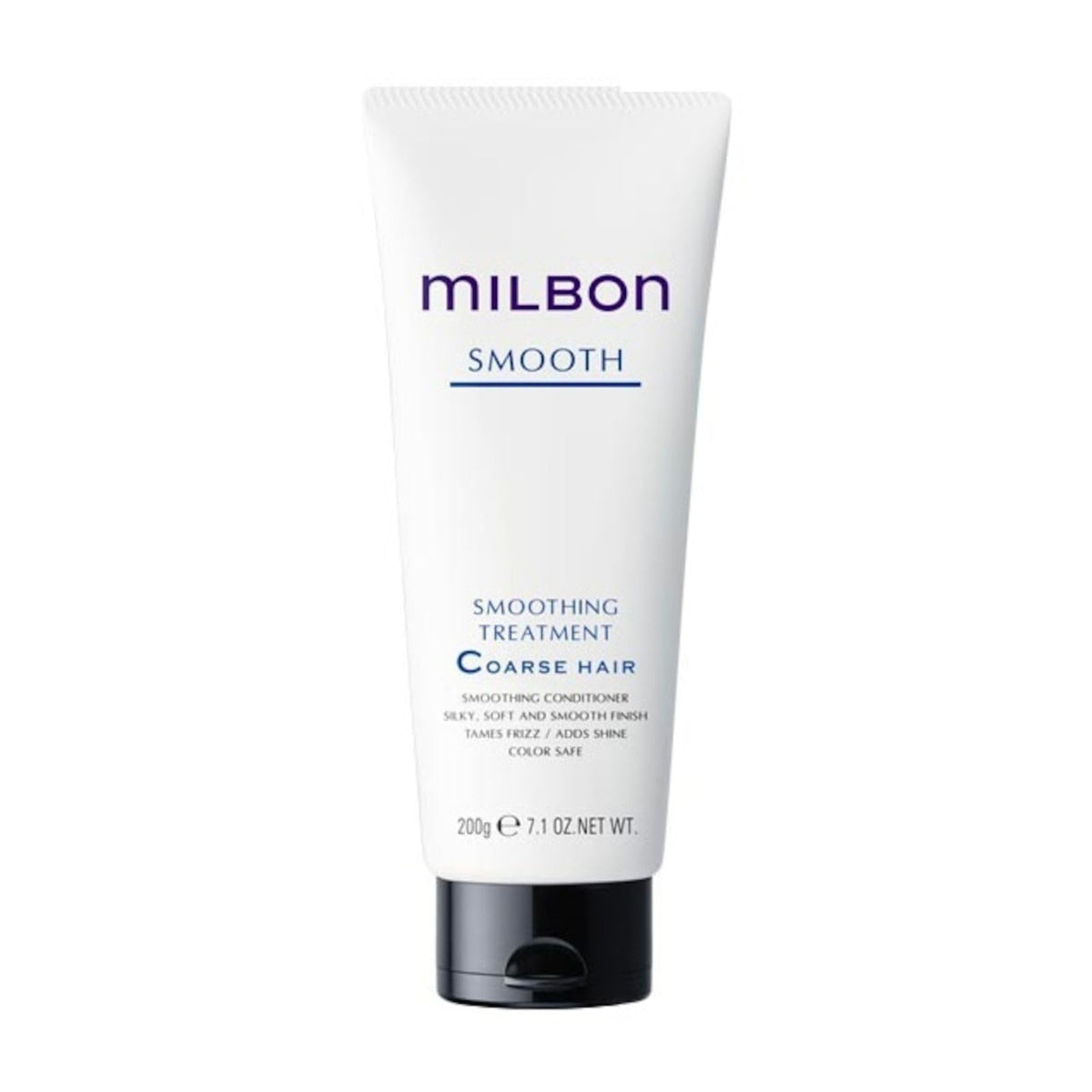 Milbon Smooth Smoothing Treatment bottle pouring for even application and frizz control.