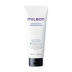 Milbon Smooth Smoothing Treatment bottle pouring for even application and frizz control.