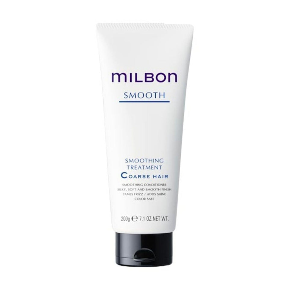 Milbon Smooth Smoothing Treatment bottle pouring for even application and frizz control.