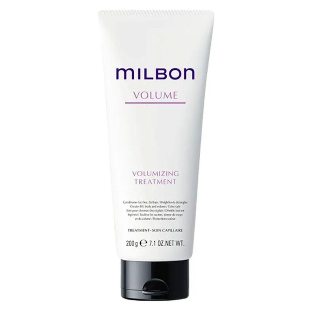 Milbon Volumizing Treatment Conditioner bottle closeup showing body-boosting formula.