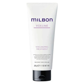 Milbon Volumizing Treatment Conditioner bottle closeup showing body-boosting formula.