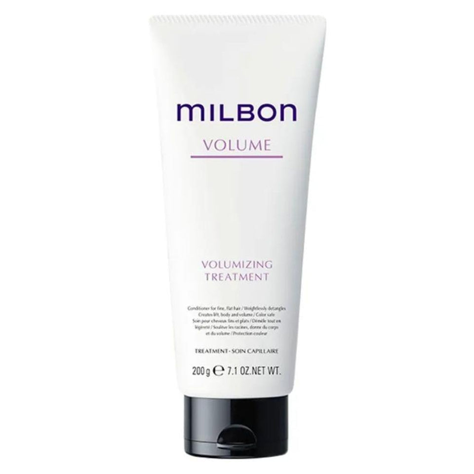 Milbon Volumizing Treatment Conditioner bottle closeup showing body-boosting formula.