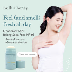 Milk + Honey No. 09 baking-soda-free formula shown with gentle care.