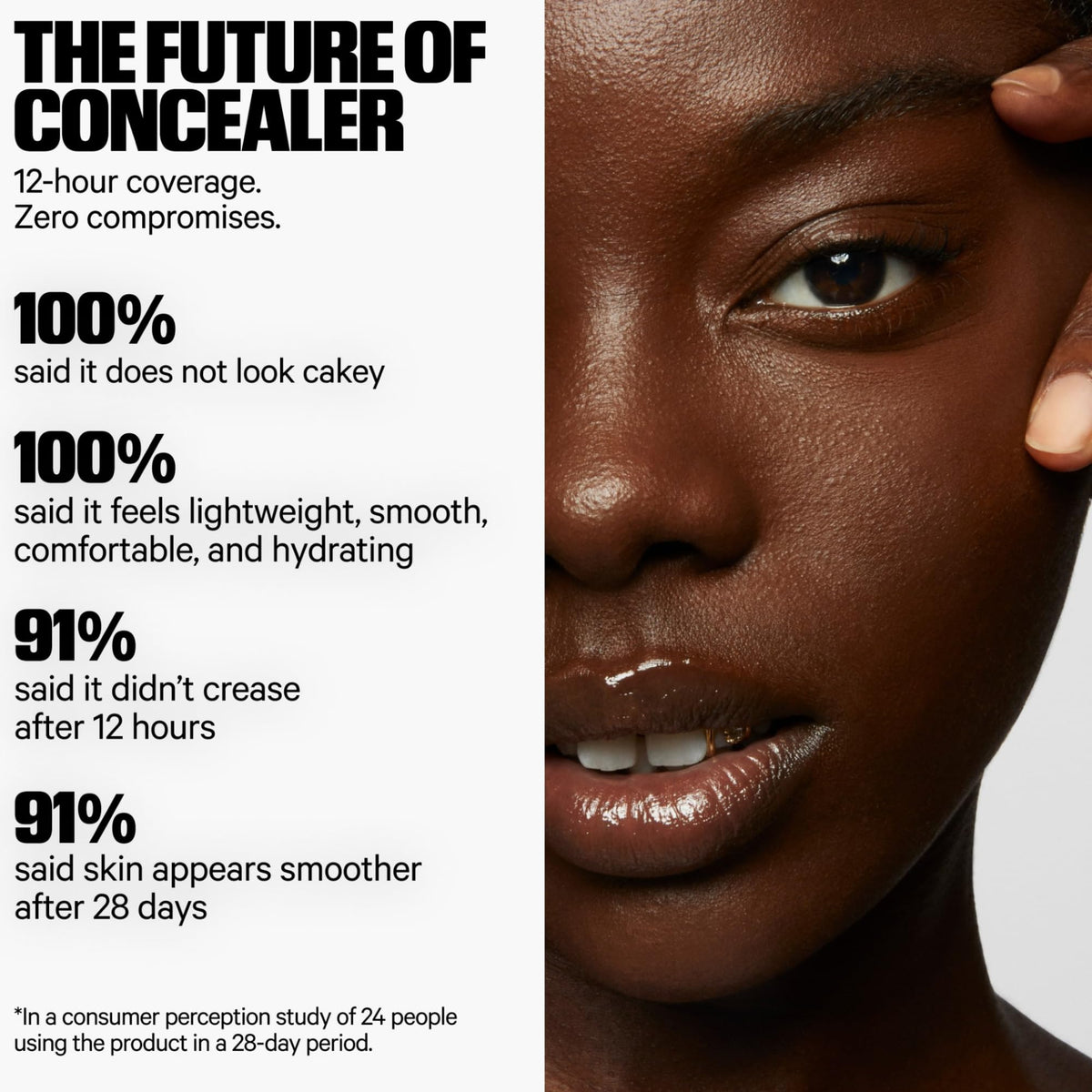 Milk Makeup Future Fluid concealer demonstrates crease-proof finish on skin