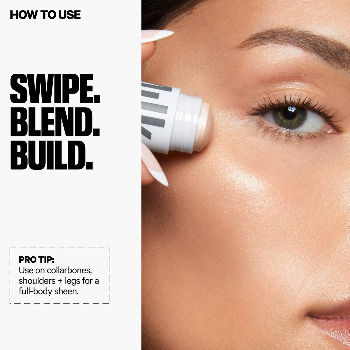 Milk Makeup Highlighter on collarbones creates a luminous body highlight.