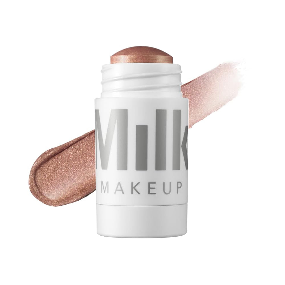 Milk Makeup Highlighter on cheekbones delivers a radiant, dewy glow.
