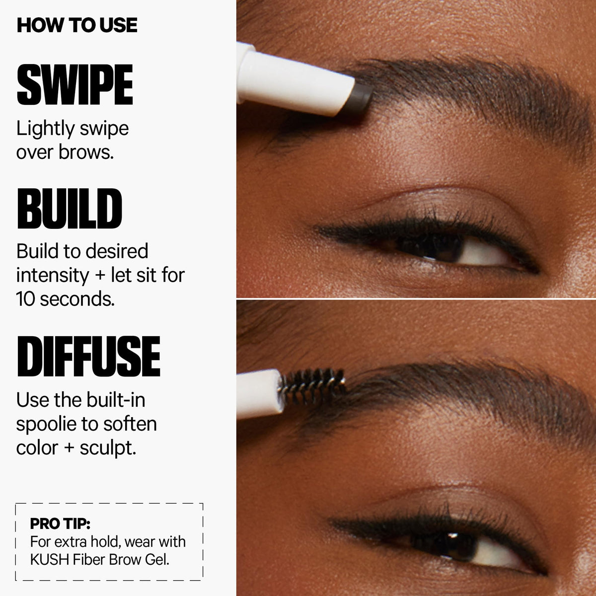 Milk Makeup KUSH Brow Shadow Stick texture close-up shows creamy-to-powder finish.