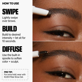 Milk Makeup KUSH Brow Shadow Stick texture close-up shows creamy-to-powder finish.