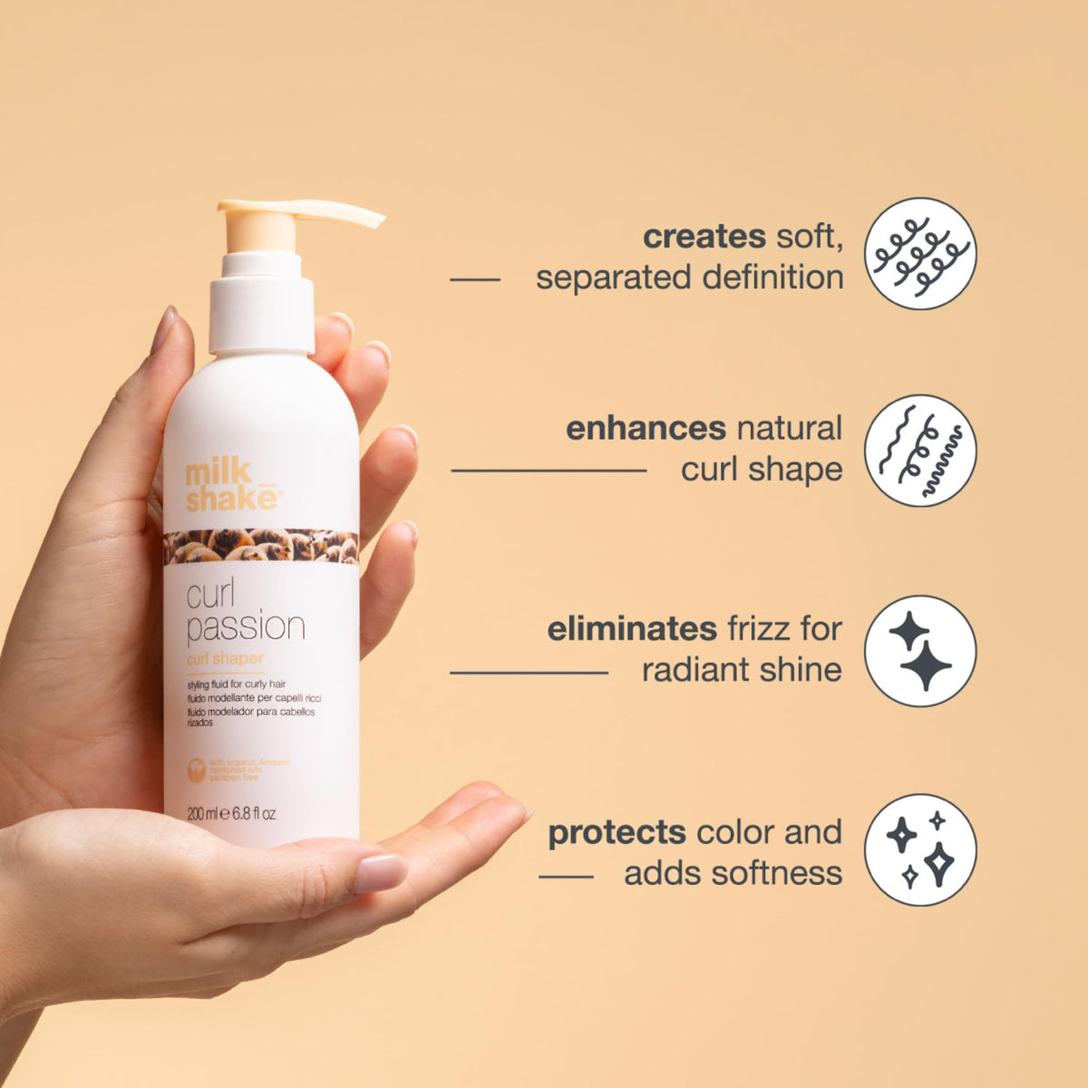 Milk Shake Curl Passion bottle application demonstrates frizz control.