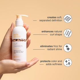 Milk Shake Curl Passion bottle application demonstrates frizz control.