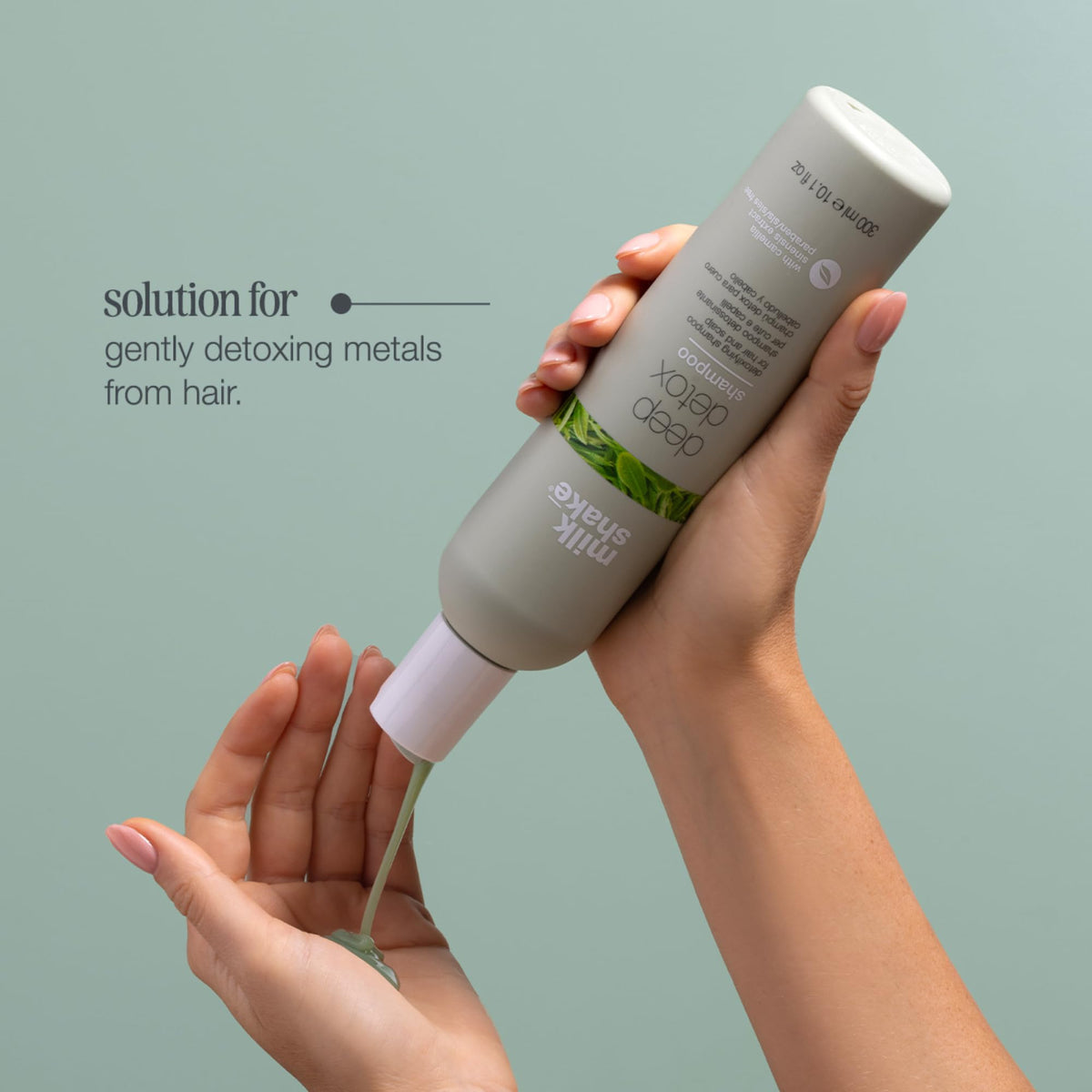 Milk Shake Deep Detox Shampoo natural botanicals close-up emphasizes gentle cleansing.