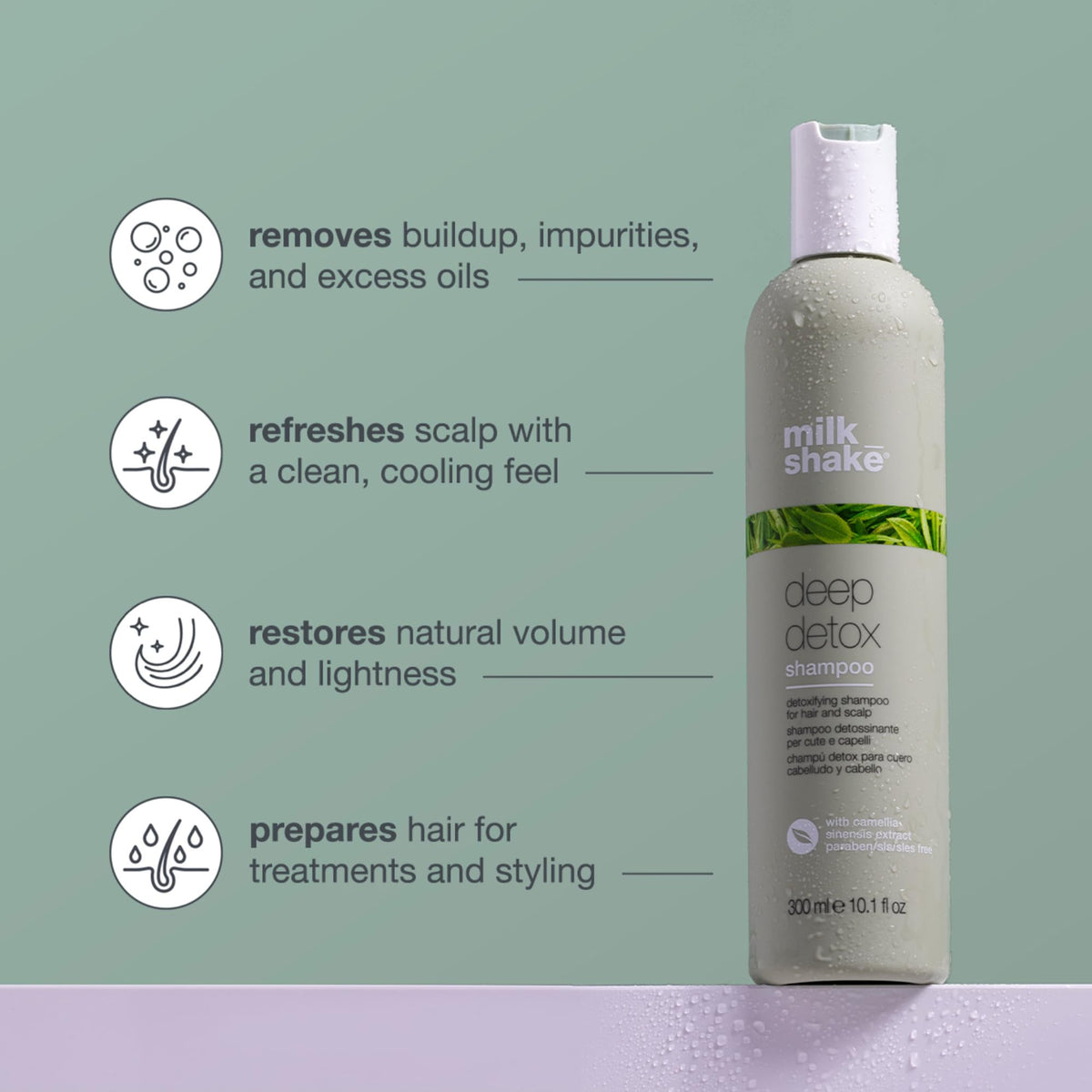 Milk Shake Deep Detox Shampoo scalp close-up shows residue removal for cleaner, healthier-looking hair.