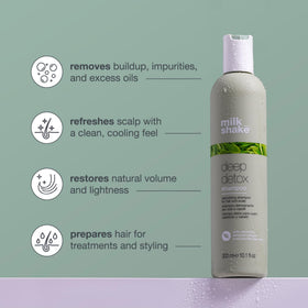 Milk Shake Deep Detox Shampoo scalp close-up shows residue removal for cleaner, healthier-looking hair.