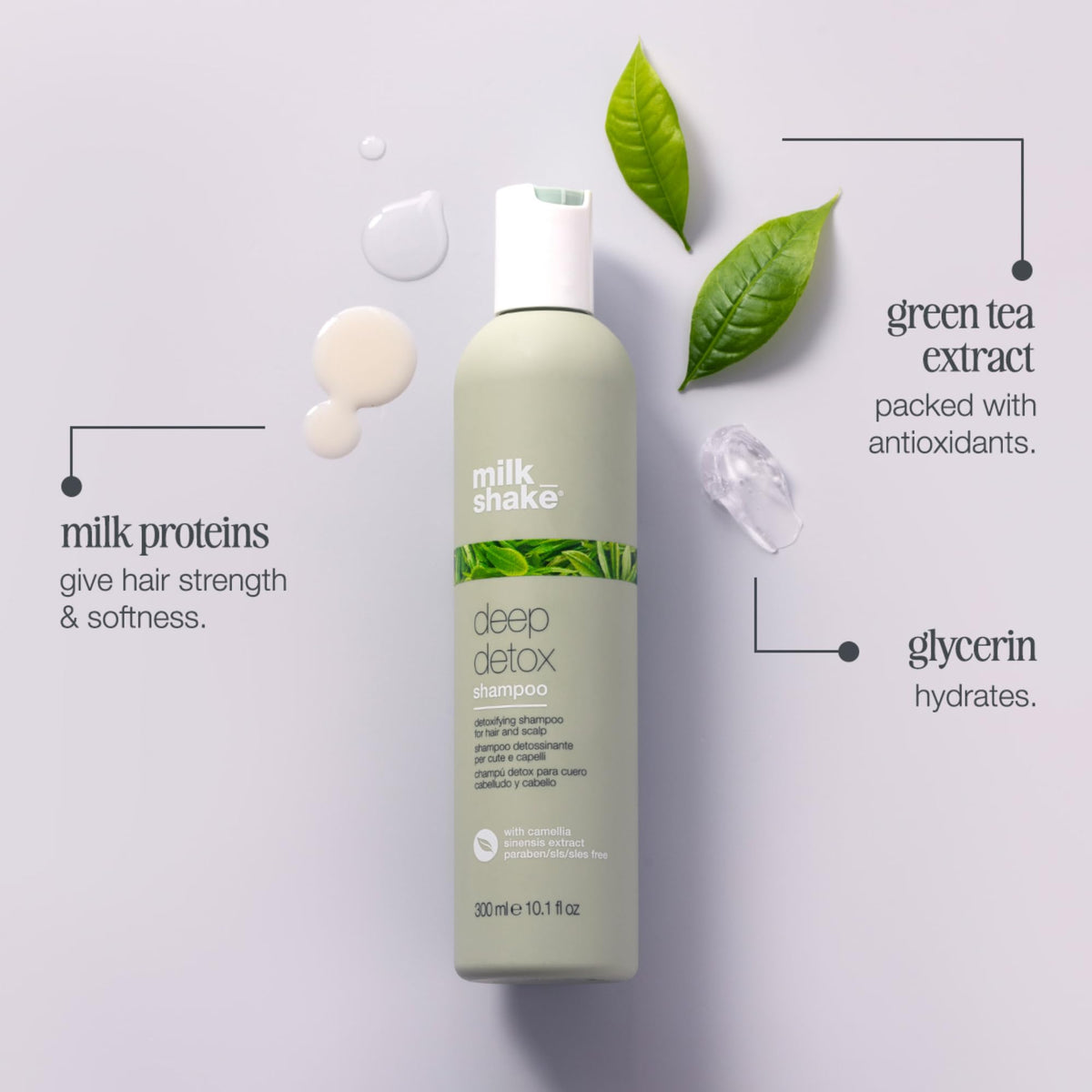 Milk Shake Deep Detox Shampoo bottle pour conveys a creamy fragrance and soothing experience.