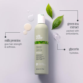 Milk Shake Deep Detox Shampoo bottle pour conveys a creamy fragrance and soothing experience.