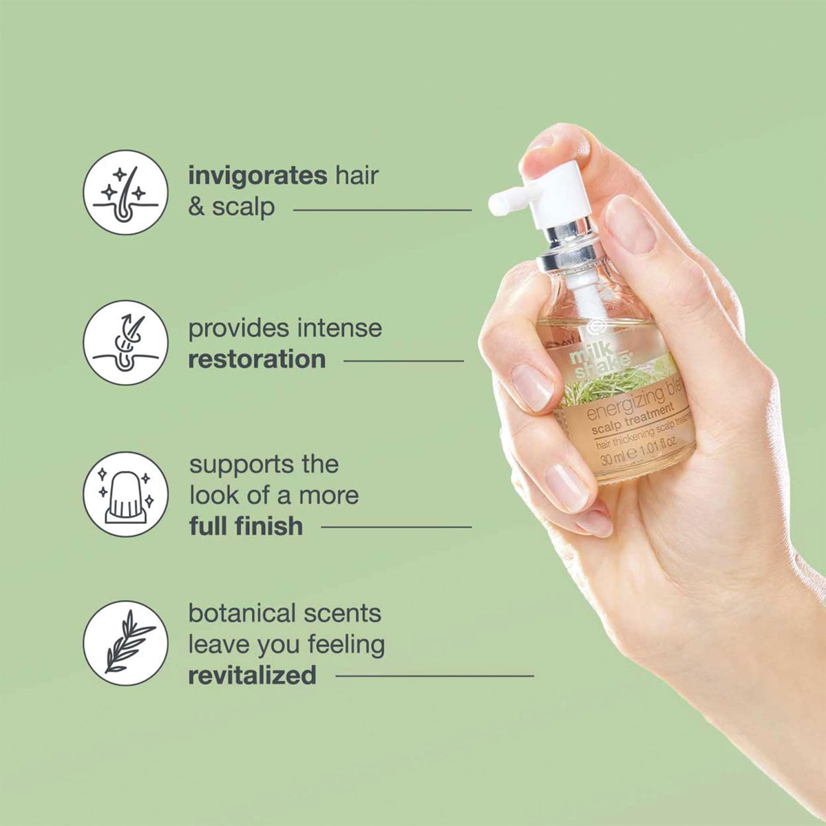 Milk-Shake Energizing Blend bottle closeup highlights rosemary and sage extracts.