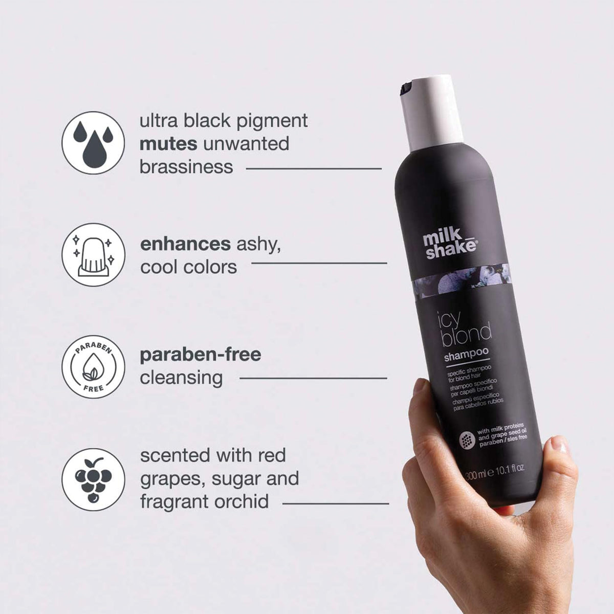 Milk Shake Icy Blond Shampoo bottle side showing pigment for brassiness reduction.