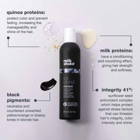 Milk Shake Icy Blond Shampoo label closeup highlights the pigment tint.