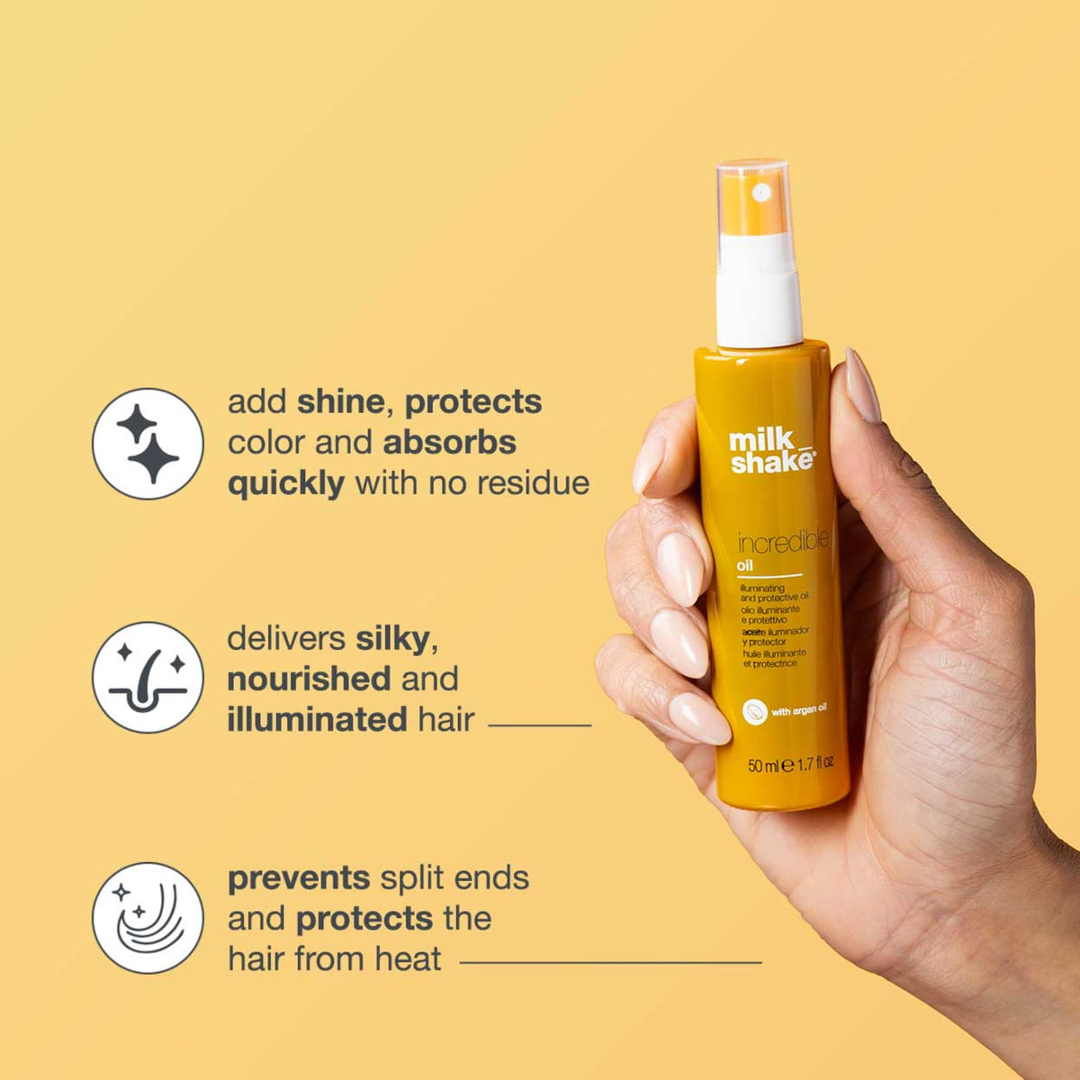milk_shake Incredible Oil argan-oil-blend formula highlights nourishing shine.