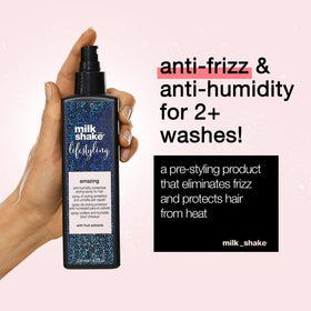 milk_shake Lifestyling Amazing spray application supports pre-styling with heat protection.