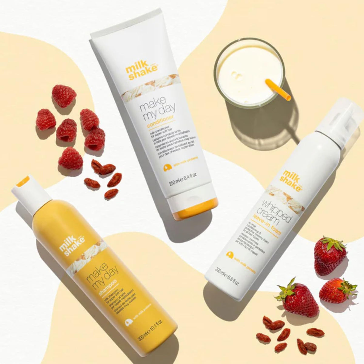 Milk-shake Make My Day conditioner ingredients panel highlighting milk proteins and fruit extracts for softness.