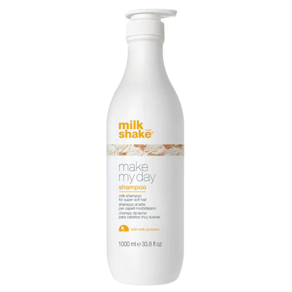 Milk-shake Make My Day shampoo bottle showcases color-safe daily cleansing with vanilla scent.