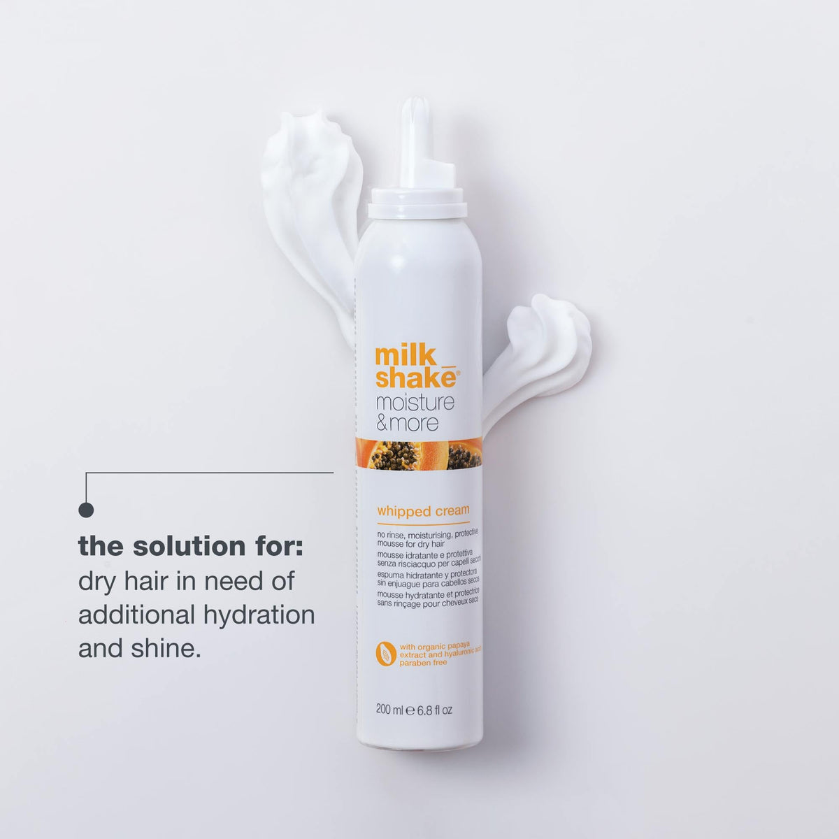 milk-shake Moisture & More foam pump dispense for quick hydration and effortless styling