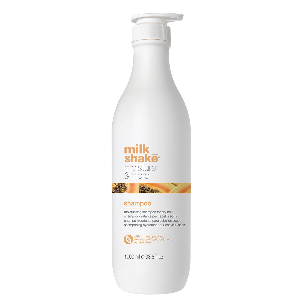 Milk Shake Moisture & More Shampoo bottle front view highlights deep hydration.