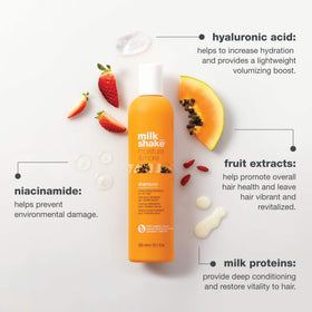 Milk Shake Moisture & More Shampoo lather shown during washing for luxurious cleansing.