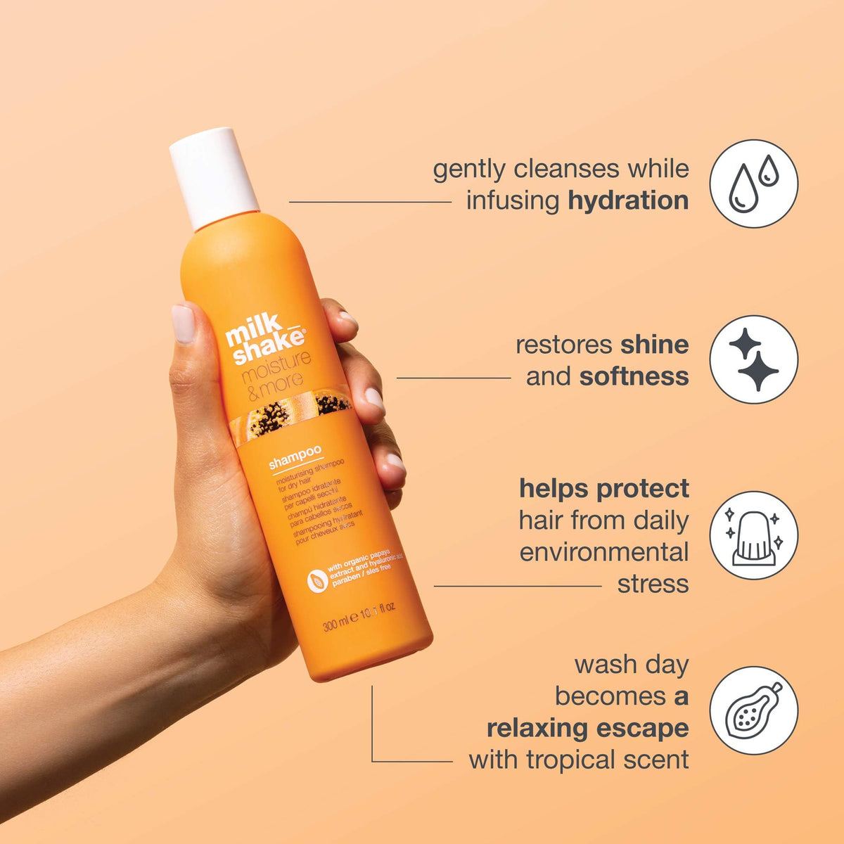 Milk Shake Moisture & More Shampoo label close-up featuring hyaluronic acid and integrity 41 blend.