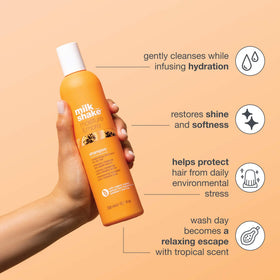 Milk Shake Moisture & More Shampoo label close-up featuring hyaluronic acid and integrity 41 blend.