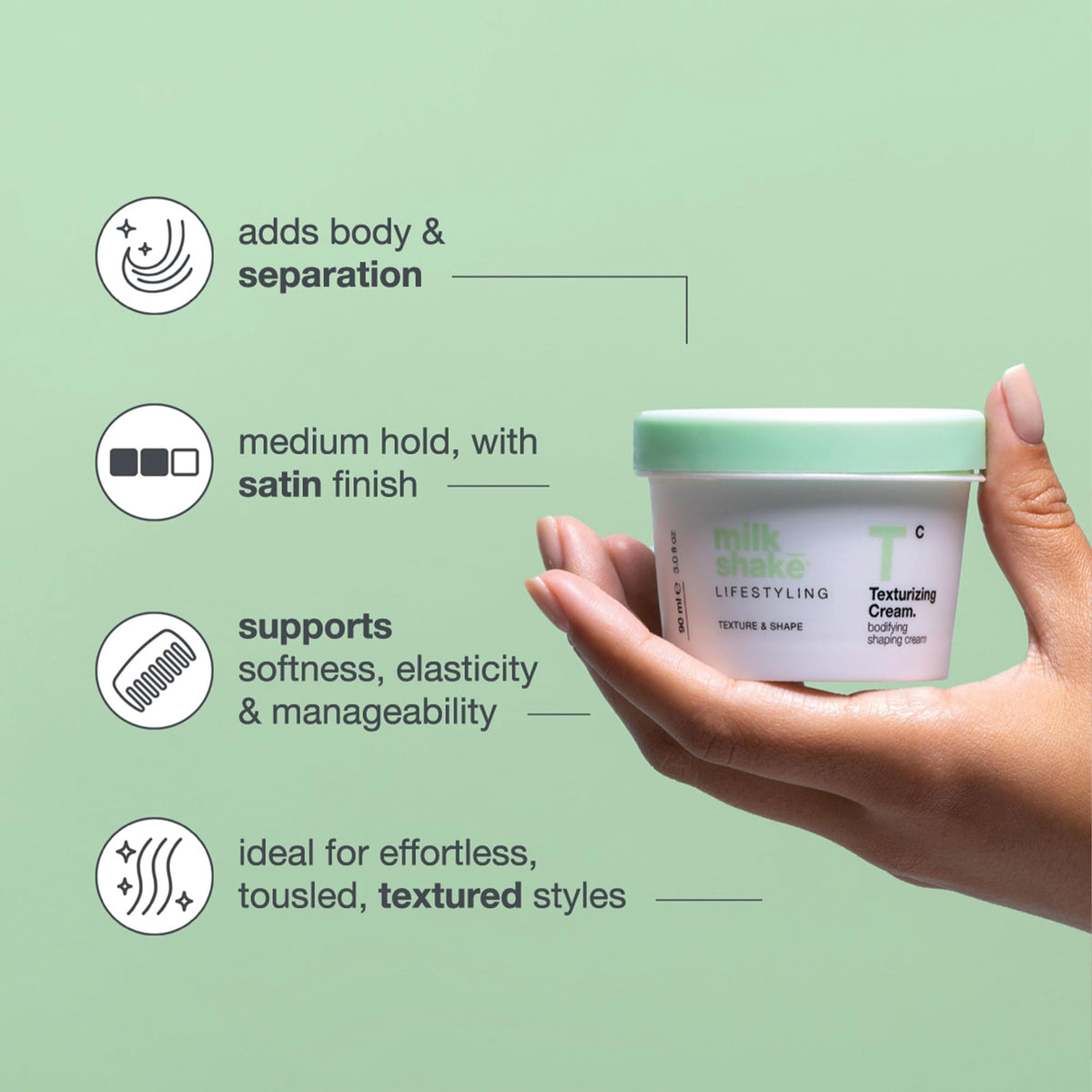 Milk Shake Texturizing Cream close-up texture highlights creamy consistency and soft hold.