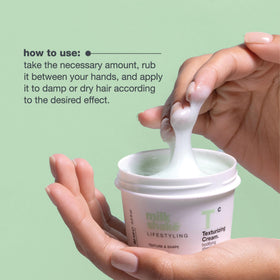 Milk Shake Texturizing Cream styled look presents matte finish and natural movement.