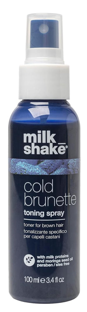 Milk_Shake Cold Brunette Toning Spray with blue pigment neutralizes brass for cooler brunette tones.