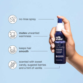 Milk_Shake Cold Brunette Toning Spray brass-neutralization blue pigments keep color cool between visits.