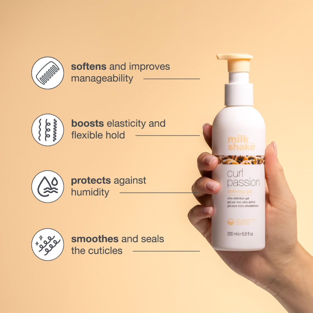 Milk_Shake Curl Passion Defining Gel on damp hair, smoothing cuticles and reducing frizz.