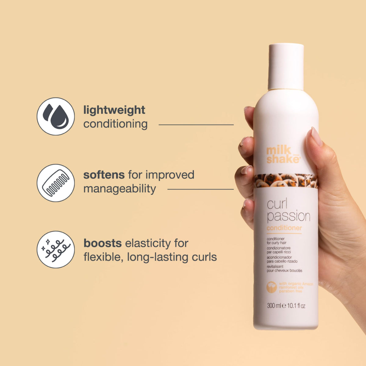 Milk_shake Curl Passion ingredient label highlights proteins and fruit extracts for nourishment.