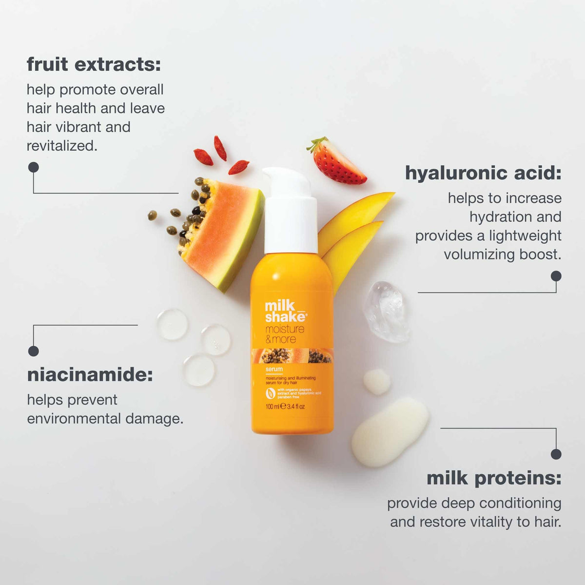Milk_Shake Moisture & More Serum ingredients highlight fruit extracts and hyaluronic acid.