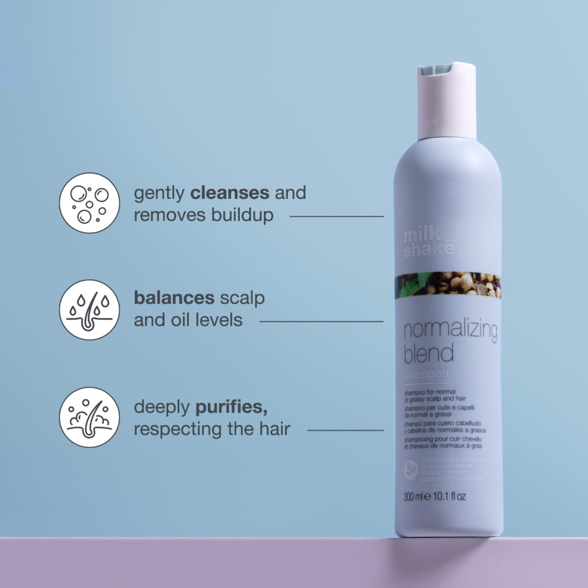 Milk_Shake Normalizing Blend Shampoo foamy lather supports gentle cleansing