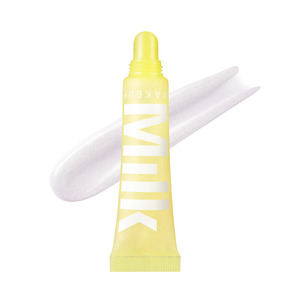 Milk Makeup Balmade Electron swatch shows clear shimmer and hydrating glow.