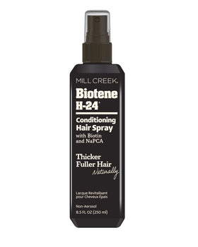 Mill Creek Biotene H-24 Conditioning Hair Spray bottle close-up showing conditioning action