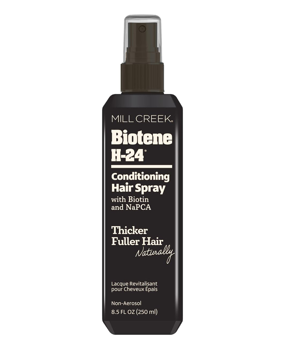Mill Creek Biotene H-24 Conditioning Hair Spray bottle close-up showing conditioning action