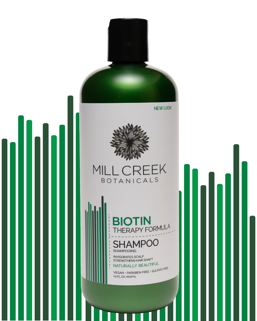 Mill Creek Biotin Shampoo label with ingredients, highlighting biotin and natural oils for nourishment.