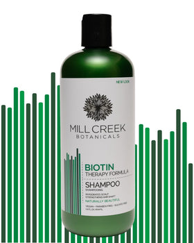 Mill Creek Biotin Shampoo label with ingredients, highlighting biotin and natural oils for nourishment.