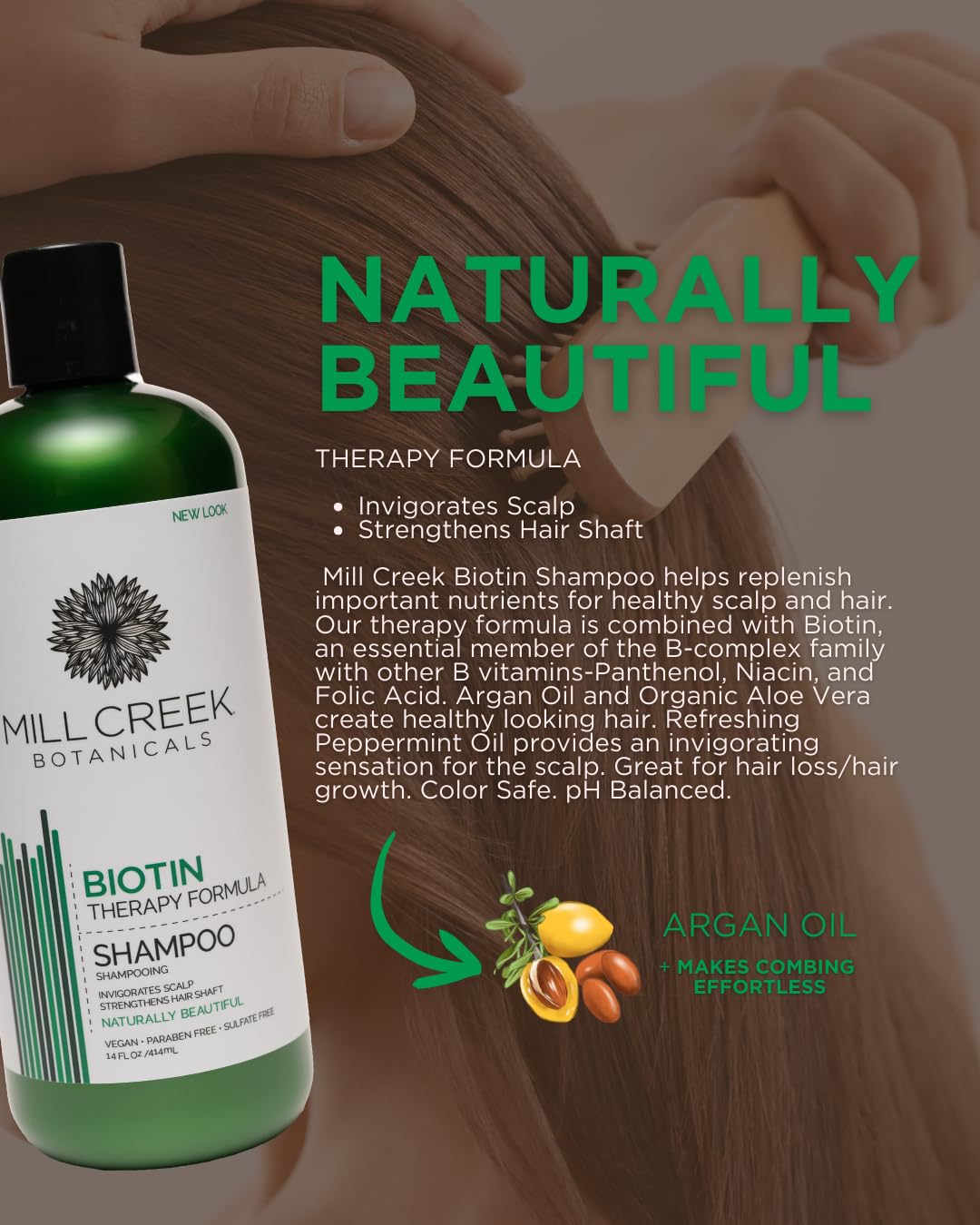Mill Creek Biotin Shampoo pump-top close-up for convenient scalp refresh during washing.