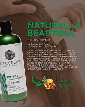 Mill Creek Biotin Shampoo pump-top close-up for convenient scalp refresh during washing.