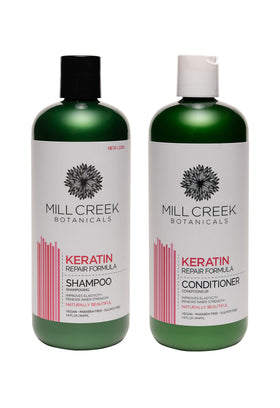 Mill Creek Botanicals Keratin Shampoo bottle promotes elasticity and smoothness.