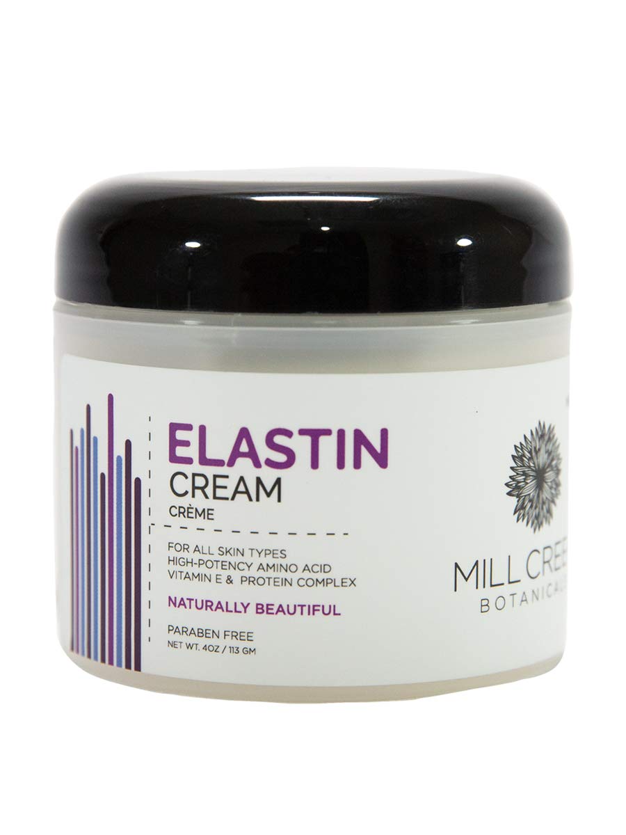 Mill Creek Elastin Cream bottle promoting hydration and elasticity.